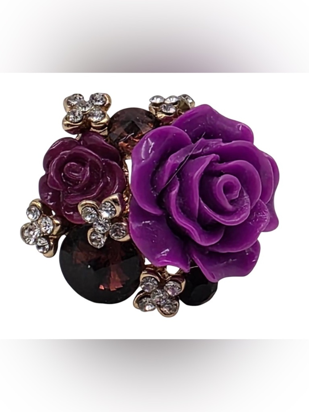 Statement Purple Rose Cocktail Ring Gold Tone Rhinestone Adjustable Bold Glam